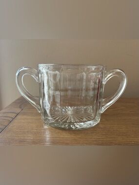 Vintage Glass Two Handled Sugar Bowl Squares & Starburst 7”x4”x3.5” LARGE